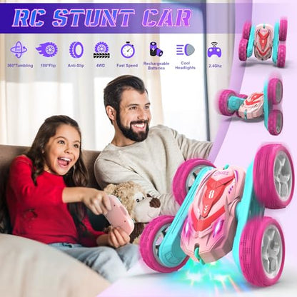 AFUNX 1RC Stunt Car(Pink)+1Remote Control Car(Green)