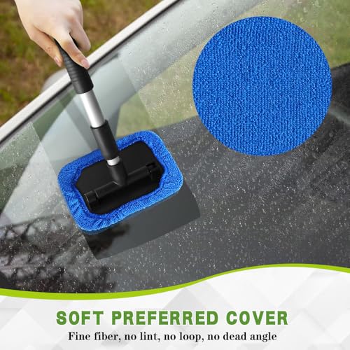 Windshield Cleaning Tool, Car Cleaning Window Tool, Car Window Cleaner with Unbreakable Extendable Handle and Microfiber Cloth, Scratch-Free Car Cleaning Brush for Auto Glass Wiper (Blue) - color: Blue