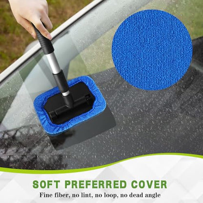 Windshield Cleaning Tool, Car Cleaning Window Tool, Car Window Cleaner with Unbreakable Extendable Handle and Microfiber Cloth, Scratch-Free Car Cleaning Brush for Auto Glass Wiper (Blue) - color: Blue