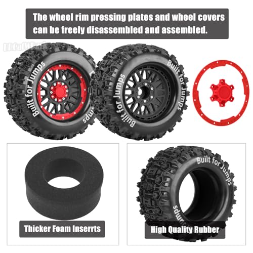 17mm Hex 1/7 1/8 1/10 RC Wheels and Tires for 1/10 Revo/Summit/T-Maxx/E-Revo,1/8 Kraton/Outcast/Fireteam/Notorious 6S,Sledge,1/7 Fireteam 6S,etc RC Monster Truck,(4Pcs) Red Black - color: Red Black - (Rc Truck Tires)