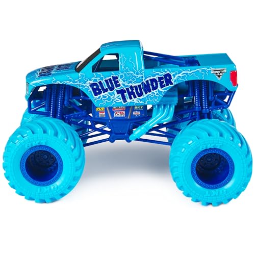 Monster Jam Blue Thunder Monster Truck- New 2024 Aqua Color Scheme - 1:24 Scale Die-Cast Vehicle-Chrome Rims and BKT Tread Tires for Use in All Playsets-Collectible for Fans & Birthday Parties