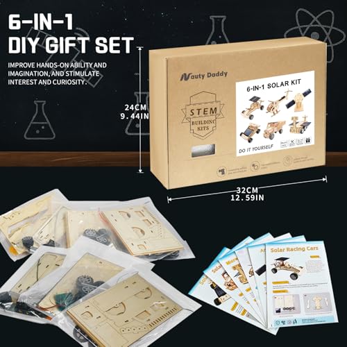 6-in-1 Solar STEM Building Kit, Wooden DIY Construction Set with Satellite, Helicopter, Cars, Educational Science Toy for Kids Ages 6-14 Years (1)