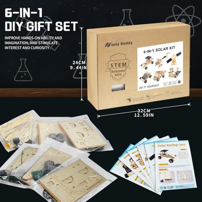 6-in-1 Solar STEM Building Kit, Wooden DIY Construction Set with Satellite, Helicopter, Cars, Educational Science Toy for Kids Ages 6-14 Years (1)