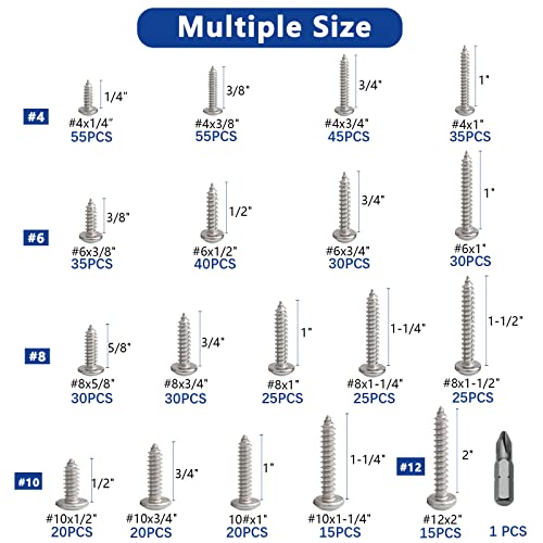 550Pcs Stainless Steel Wood Screws Assortment Kit, Philips Pan Head Sheet Metal Screws Self Tapping Screws, #4,#6,#8,#10,#12, Length 1/4" to 2" - Silver - color: Pan Head - 304 Stainless Steel - 550pcs