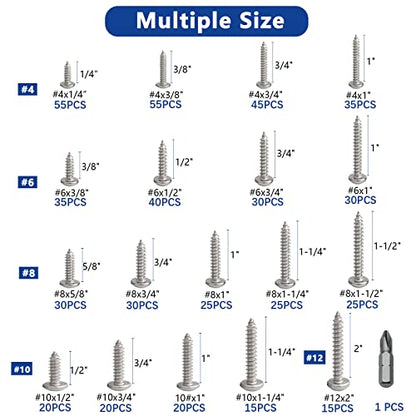 550Pcs Stainless Steel Wood Screws Assortment Kit, Philips Pan Head Sheet Metal Screws Self Tapping Screws, #4,#6,#8,#10,#12, Length 1/4" to 2" - Silver - color: Pan Head - 304 Stainless Steel - 550pcs
