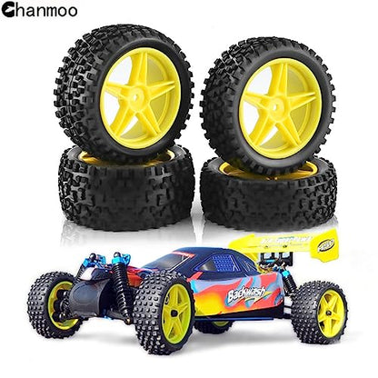 1/10 RC Off Road Tires and Wheels Rims 12mm Hex Set Front and Rear 87mm Rubber Buggy Tyres Foam Inserts for 1:10 Off-Road Car HSP Kyosho HPI Tamiya HSP 94107 94166 94106 94155 4PCS (Yellow) - color: Yellow