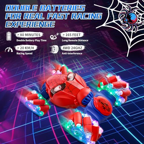 S-pider Rc Gesture Sensing Stunt Car Toys for Boys 3-14 Years Old, Drift Hand Control Remote Control Cars with Light & Music, 360°Rotation Double Side Cars Birthday Gifts for Kid Age 4 5 6 7 8 9 10 11 - color: Red