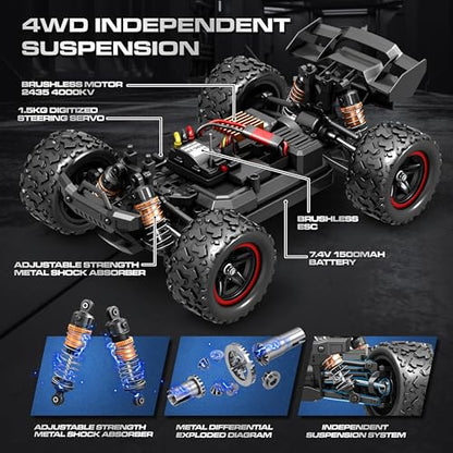 Brushless RC Cars 1:18 Remote Control Car for Adults & Boys, 50+KPH High Speed Fast 4WD Off-Road RC Truck, 4X4 RC Car Waterproof with 2 Rechargeable Batteries (HS18426) - color: Red2