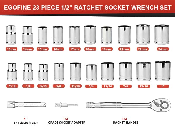 Egofine 1/2" Drive Socket Set, 23 Piece Standard SAE (7/16 to 1 inch) and Metric (13-19, 21, 22, 24mm) 6 Point, with Quick Release Ratchet, Extension Bars, Drive Drill Adapter - style: 1/2" 23 PCS with 45 Teeth Ratchet
