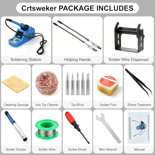 Soldering Station, 130W Digital Display Soldering Iron Station Kit with 2 Helping Hands, 356°F-932°F, Auto Sleep, Solder Wire, 5 Tips, Solder Sucker, Sponge, Tweezers, Tip Cleaner, Blue