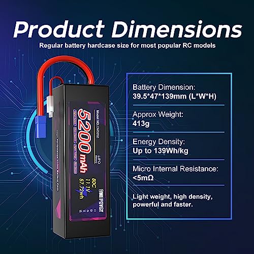 11.1V Lipo Battery 3S 5200mAh 80C Lipos Hard Case with EC5 Connector for RC Car Trucks 1/8 1/10 RC Vehicles(2 Packs) - color: EC5-2