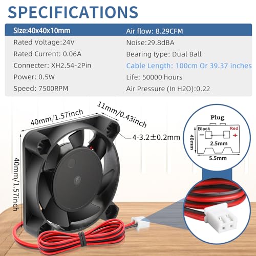 Wathai 2 Pack 4010 Fan 24V Brushless DC 40mm 24V Fan Small Replacement Fans | Small Replacement Fans 1000mm 39inch Cable for 3D Printer Ender 3 Pro 3X CR-10S Hotend Upgrade - style: 24v 2P Ball