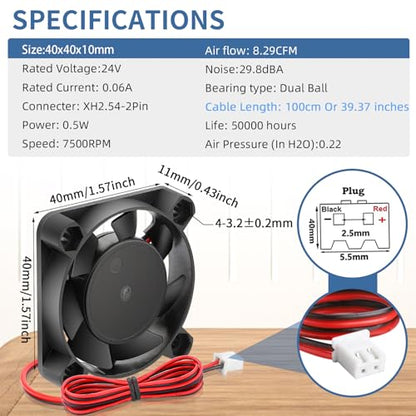 Wathai 2 Pack 4010 Fan 24V Brushless DC 40mm 24V Fan Small Replacement Fans | Small Replacement Fans 1000mm 39inch Cable for 3D Printer Ender 3 Pro 3X CR-10S Hotend Upgrade - style: 24v 2P Ball