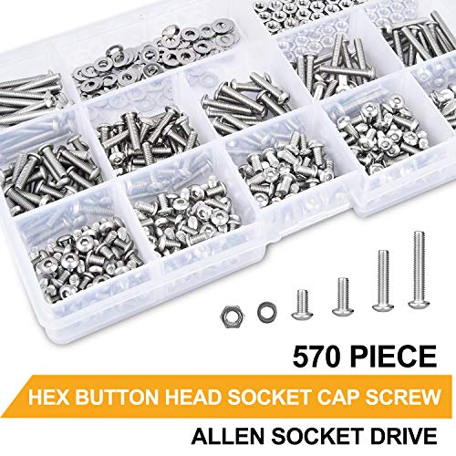 VIGRUE 570PCS Stainless Steel M3 Button Head Hex Socket Cap Screw Bolts, M3 x 4/5/6/8/10/12/14/16/18/20/25mm Screw and Nuts Flat Washer Assortment Kit, Fully Machine Thread - size: M3 Button silver