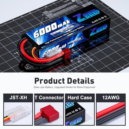 Zeee 2S Lipo Battery 6000mAh 80C 7.4V with T Connector (2 Pack) | Hard Case RC Battery for 1/8 Scale RC Car RC Airplane RC Helicopter RC Boat