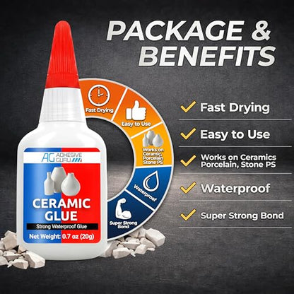Adhesive Guru Ceramic Glue (0.7 oz) Super Glue for Pottery, Porcelain & China Repairs, Waterproof and Odorless After Cure, Non-Toxic, Temperature Resistant, Compatible with Aerosol Activator – 1 Pack - size: 1 Pack, style: Ceramic Glue