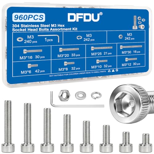 960PCS M3 Hex Socket Head Cap Screw Assortment Kit 304 Stainless Steel | Metric Machine Bolts and Nuts, Flat & Spring Washers, M3 x 6/8/10/12/16/20/25/30mm for 3D Printer, RC Car, Drones, DIY Repair - size: SS M3 960PCS