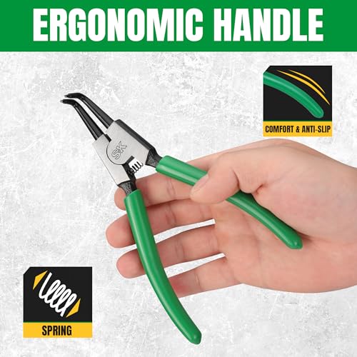 SK 7-Inch Snap Ring Pliers, External Circlip Pliers with 90-Degree Bent Jaw | Tip Diameter 0.07'', Premium CR-V Steel, Polished & Black Finished Tip, Spring-Loaded, Anti-Slip Grip - style: External Bent