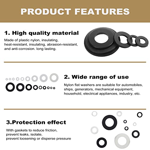 420 Pcs Black/White Nylon Flat Washers Assortment Kit for M2 M2.5 M3 M4 M5 M6 M8 M10 M12 Screws & Bolt