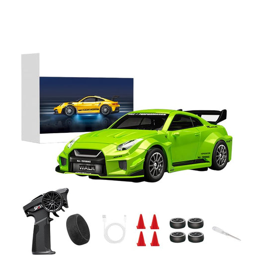 D43-02 1:43 Scale 2.4G Full Proportional 4WD Alloy RC Drift Car with Gyro System, Silent Bearings, Adjustable Speed & LED Lights for Adults, High Speed Remote Control Racing Car - color: Q3/Apple Green, size: D43-02