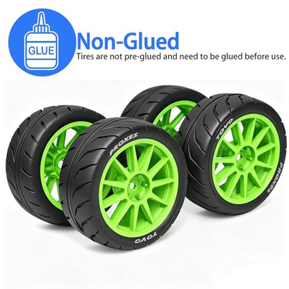 4PCS 1/10 RC Drift Racing Tires and Wheels 12mm Hex OD 2.56'' for 1:10 Scale Touring Street On Road Car Tamiya TT01 TT02 XV01 TA06 A959 PTG2 HPI KYOSHO HSP PTG2 Traxxa (Green) - color: Green
