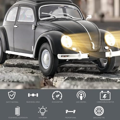 1:16 Beetle 1950 RC Car, 4CH RWD 2.4GHz RC Car with LED Lights | Classic Retro Design with 2 Rechargeable Battery. Rear-wheel Drive for Control. Volkswagen Beetle Toy Car for Hobbyists - size: 1 Battery
