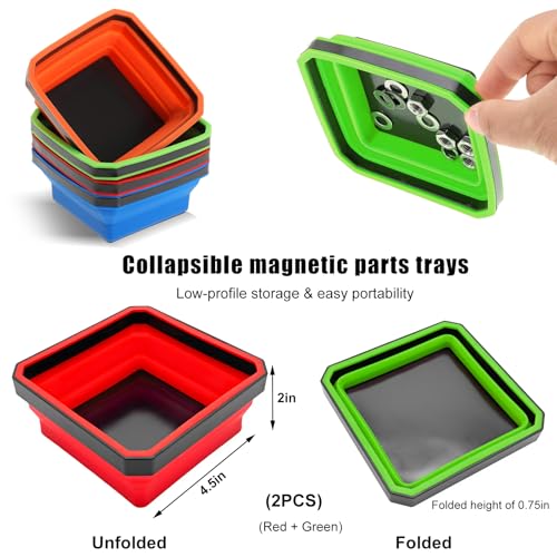 Yourkar 2 PCS Collapsible Magnetic Parts Tray, 4.5 Inch Foldable Magnetic Square Silicone Tray, Tool Tray Set with Double-Sided Magnetic Base for Screw Bolts Nuts Pins, Car Accessories (Green+Red) - color: Green+Red, 2 PCS