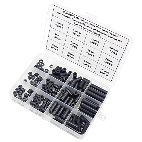 Metric OD 7mm ID 3.2mm Plastic Unthreaded Spacers(2mm to 30 mm) Assortment Kit for M3 Screws;Clearance Spacers;Round Spacers(Black) - size: OD 7mm ID 3.2mm