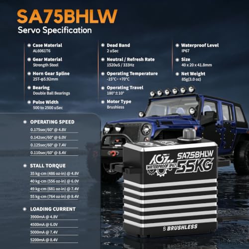 AGFRC 55KG Waterproof Brushless 1/10 1/8 RC Servo Motor(SA75BHLW) | 55KG High Torque, 0.110sec Speed, IP67 Waterproof, Programmable, Full Metal Gear, Ideal for 1/8 1/10 Rigs/Boats