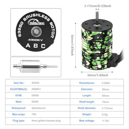 Waterproof GR3650 4300KV Brushless Motor 3.175mm Shaft with 60A Sensorless Brushless ESC Electric Speed Controller Combo Set and Heatsink & Programming Card for 1/10 RC Car Truck