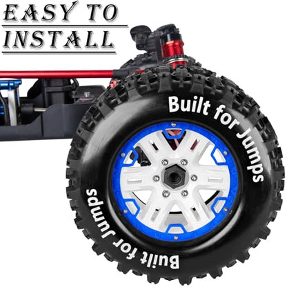 RC Truck Tires 1/8 17mm Hex RC Wheel Tires for 1/8 Monster Truck Tires Traxx as/Arrm a 6S/Summi t/ERveo/Redc at/HPI JLB Cheetah RC Off-Road etc,Hard Plastic Rubber Tyres,Blue&White - color: Blue With White(4PCS）Titanium