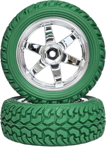 4PCS 75mm Rubber Tires and 6Spokes Plastic Wheel Rims Tyre for 1/10 RC On-Road Drift Racing Car 1:14 1:16 Rally Car for Tamiya Kyosho HPI HSP TT02 Upgrades Parts (Green Silver) - color: Green Silver