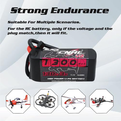 CNHL 1300mAh 3S LiPo Battery 11.1V 130C with XT60 Plug (2 Packs) | High discharge 3S LiPo battery for FPV racing drones, freestyle quadcopters, RC airplanes, helis, and boat models.