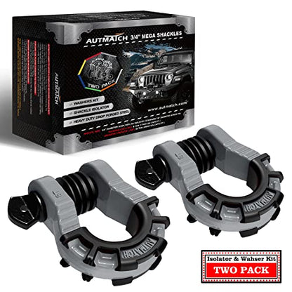 AUTMATCH D Ring Shackles 3/4" Mega Shackle (2 Pack) 68,000Ibs Break Strength - Heavy Duty Clevis Shackles with 7/8" Screw Pin and Isolator Washer for Tow Strap Winch Off Road Vehicle Recovery, Gray - color: Gray & Black