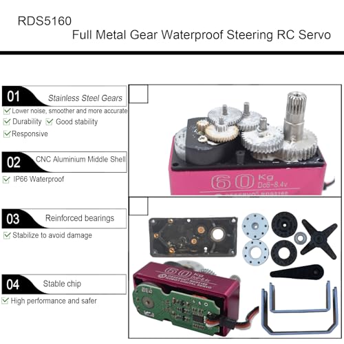 60KG Digital RC Servo 1/5 RDS5160 High Torque Stainless Steel Full Metal Gear Large Dual Shafts Steering Servo Motor with U Mount Brackets for 1/5 Baja RC Car Crawler Buggy Truck Robot 270°
