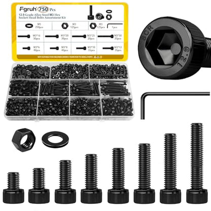 750PCS M3 Screws Assortment Kit, M3x6/8/10/12/16/20/25/30 mm Hex Socket Head Bolts, Nuts & Washers Assorted Set - 12.9 Alloy Steel Black Zinc Plated M3 Screw for 3D Printer,DIY - size: M3 750pcs