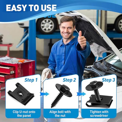 50Pcs M4.2 Automotive Body Bolt & U-Nut Clips Kit Replacement | Universal Fender Liner Screws and U-Nut Clamp Set, Engine Splash Shield Hex Head Screw Kits for Most Cars, Trucks, SUVs, Vans - color: Black-M4.2
