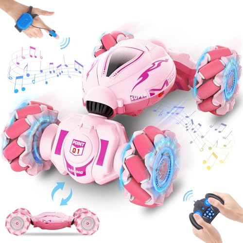 Fosgoit Pink RC Car Toys for Girls Aged 6-12, Gesture Sensing RC Stunt Cars with Lights Music for Girl Birthday Xmas Gifts, 2.4GHz 4WD Pink Remote Control Toy Double-Side Flip 360° All-Round Rotation - color: Pink