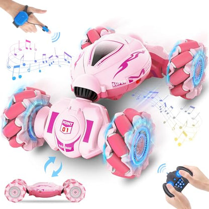 Fosgoit Pink RC Car Toys for Girls Aged 6-12, Gesture Sensing RC Stunt Cars with Lights Music for Girl Birthday Xmas Gifts, 2.4GHz 4WD Pink Remote Control Toy Double-Side Flip 360° All-Round Rotation - color: Pink