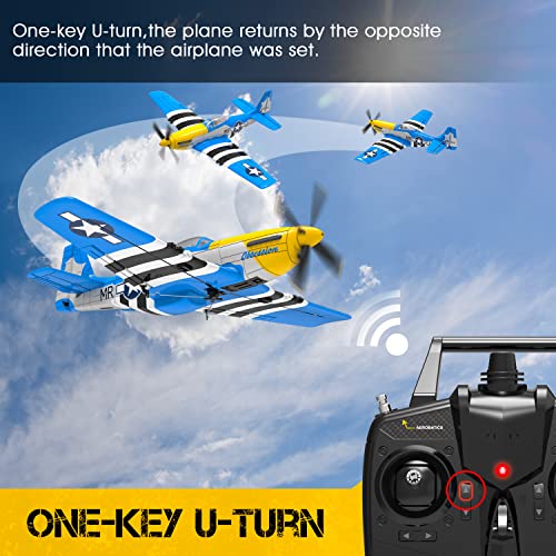 4-Channel Remote Control Aircraft,P51 Mustang 4-CH RC Plane,Ready to Fly RC Plane for Adult with X-Pilot Stabilization System, One Key Aerobatics, 2.4GHz 6-Axis Gyro - color: Blue