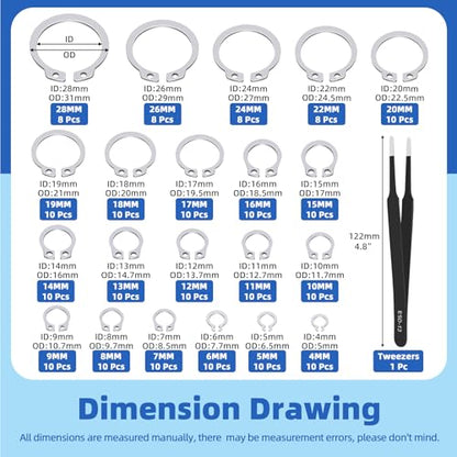 Glarks 302Pcs 304 Stainless Steel C-clip External Retaining Rings and E-clip Retaining Rings Assortment Set, 202Pcs 4MM-28MM Circlip Snap Retaining Clip and 100Pcs E-Ring Circlip Rings and A Tweezer