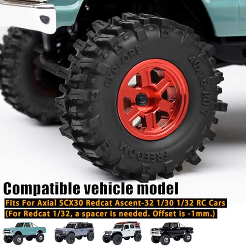 0.7” FS6 Super Soft Rubber Tires & CNC -1mm Offset Aluminum Beadlock Rims, 40×16mm Micro Crawler Wheels Tires Set for Axial SCX30 Redcat Ascent-32 1/30–1/32 RC Crawler, 4PCS Red - color: Red