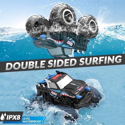 STEMTRON RC Monster Truck 1:20 All Terrain Off-Road Amphibious RC Car | Waterproof Car Toy Gifts 2.4GHz 360° Rotation Remote Control Boat Vehicle Toy Pool Beach Sand for Kids Boys Girls - color: Blue Truck, size: 1:20 Scale