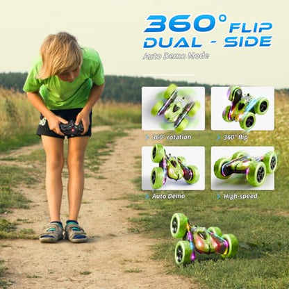 Remote Control Car – 4WD 360° Flip Double‑Sided RC Stunt Car LED Light Bar & USB‑C Modular Battery, Off‑Road Toys for Boys Ages 6‑12, Birthday Gift, Black‑Green - color: Black&green