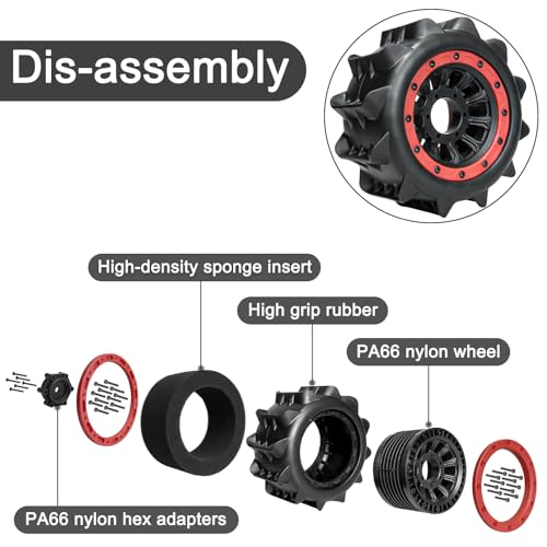 LRFHL 2.8 Beadlock Wheel Tires with 14mm/12mm Hex Adapter for 1/10 RC Car | 4PCS RC Tires Sand Terrain, 1/10 RC Monster Truck, for Traxxas Rustler Stampede Redcat Arrma Vorteks Big Rock Granite - color: Red