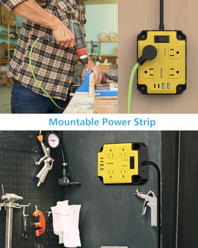 8-Outlets Magnetic Heavy Duty Power Strip, 6.5 Ft Extension Cord | 15 Amps/1200 Joules, Multi-Plug with 4 USB Ports (2 USB-C) for Workshop Garage Industrial, Yellow