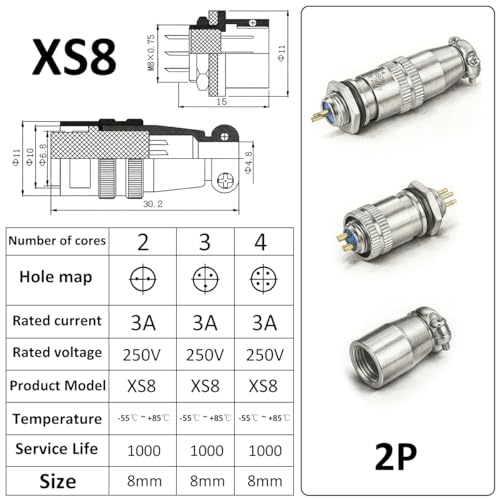 [Pack of 4] CLYXGS XS8 Push-Pull Aviation Connector, 2 Pin Self-Latching Circular Plug & Socket, Quick Release Ball Detent Locking, 8mm Mounting, 3A 250V Metal Industrial Wire Connector - style: XS8-2