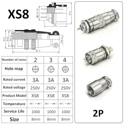 [Pack of 4] CLYXGS XS8 Push-Pull Aviation Connector, 2 Pin Self-Latching Circular Plug & Socket, Quick Release Ball Detent Locking, 8mm Mounting, 3A 250V Metal Industrial Wire Connector - style: XS8-2