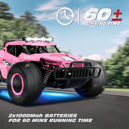 Tecnock Pink RC Car 1/16 Scale Remote Control Car for Girls, High Speed 20 Km/h All Terrains Rc Monster Truck with Two Rechargeable Batteries & Head Chassis Lights Gift Toy for Kids Adults - color: Pink