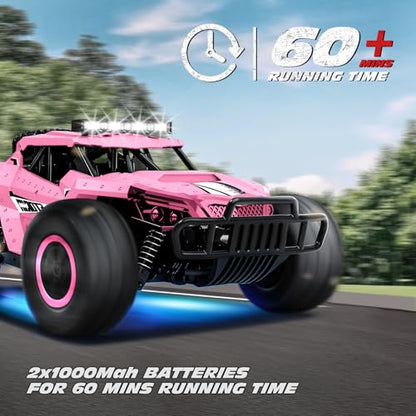 Tecnock Pink RC Car 1/16 Scale Remote Control Car for Girls, High Speed 20 Km/h All Terrains Rc Monster Truck with Two Rechargeable Batteries & Head Chassis Lights Gift Toy for Kids Adults - color: Pink